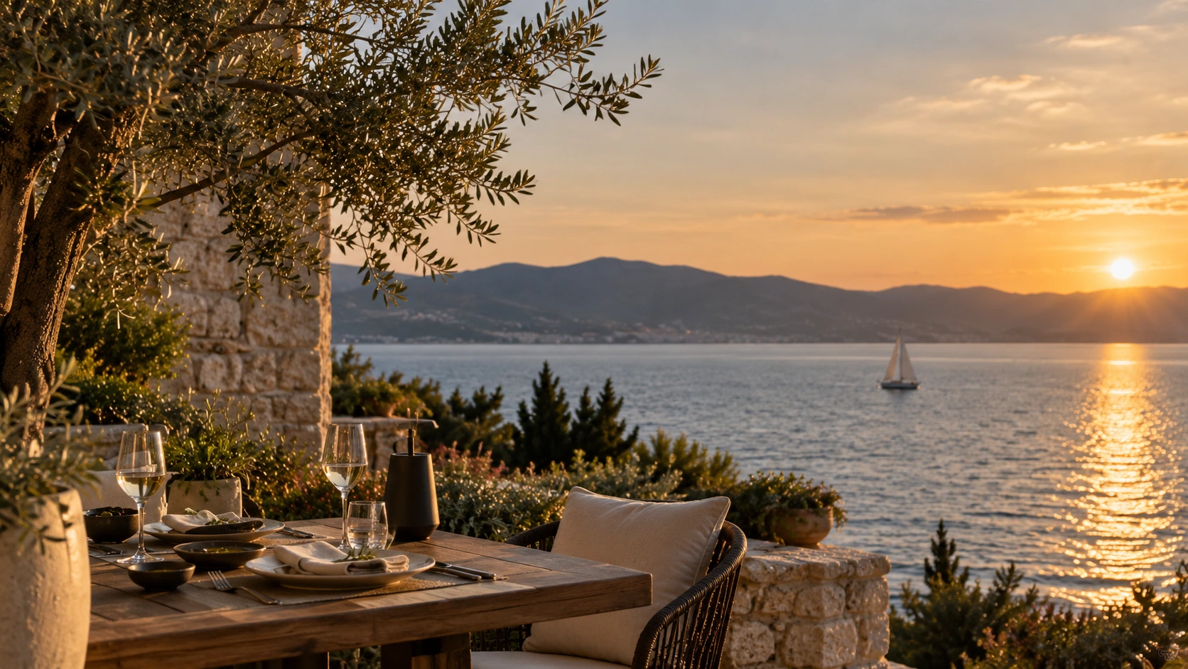 Mediterranean terrace at sunset overlooking the Adriatic